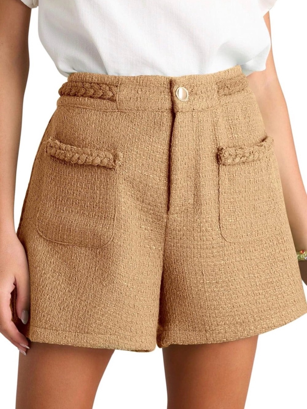 Cicy Bell High-Waisted Tan Tweed Women’s Shorts